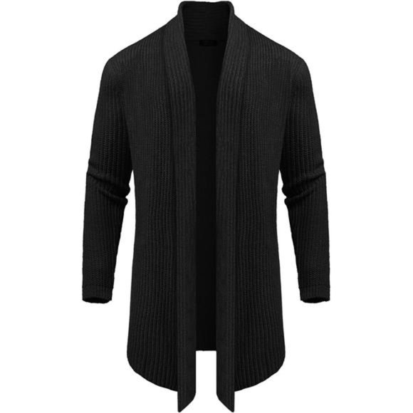 Men's Shawl Collar Long Cardigan Knit Ruffle Sweater Drape Cape, Black - Picture 1 of 5